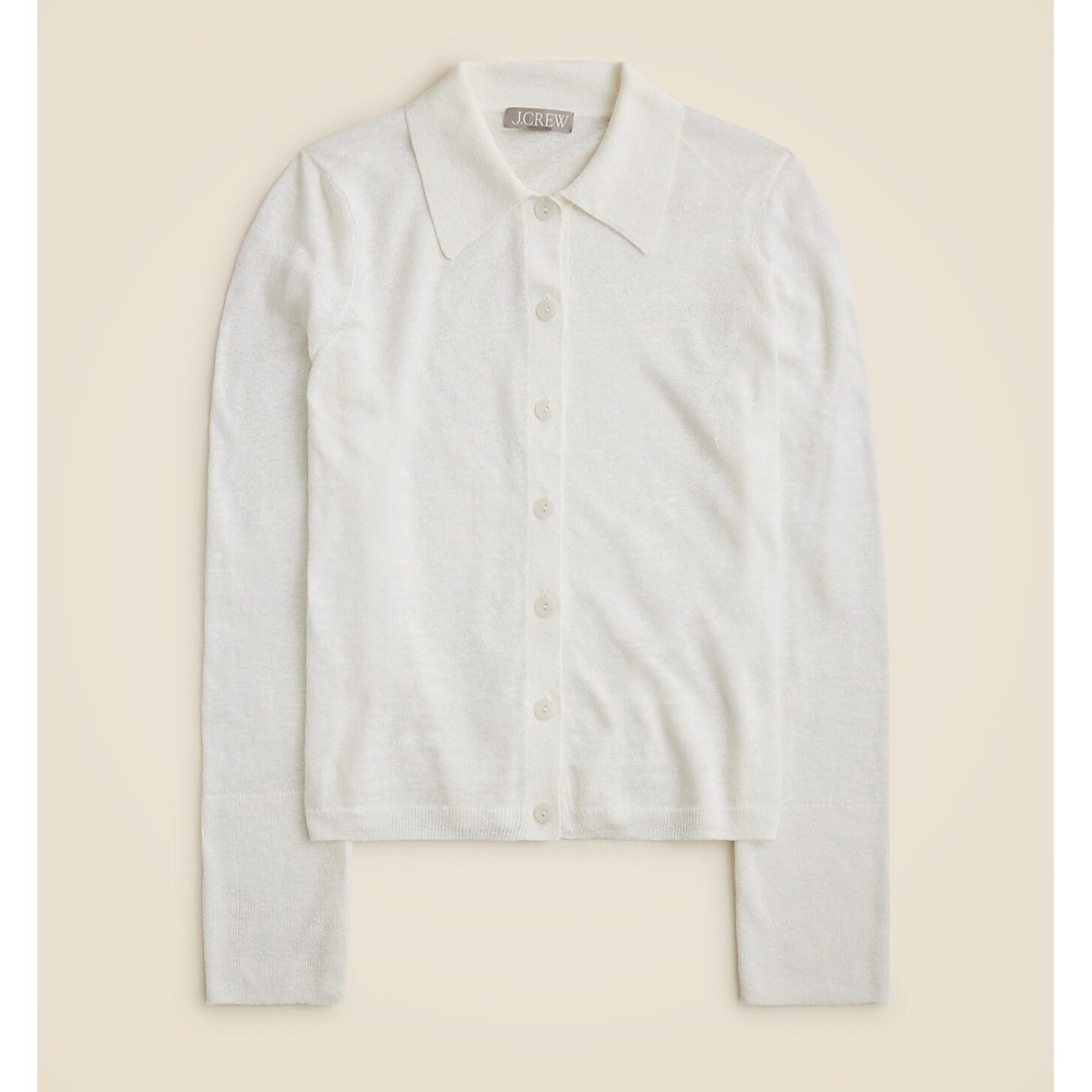 J.Crew Cardigan Women L Ivory 100% Linen Collared Sweater Minimalist Coastal